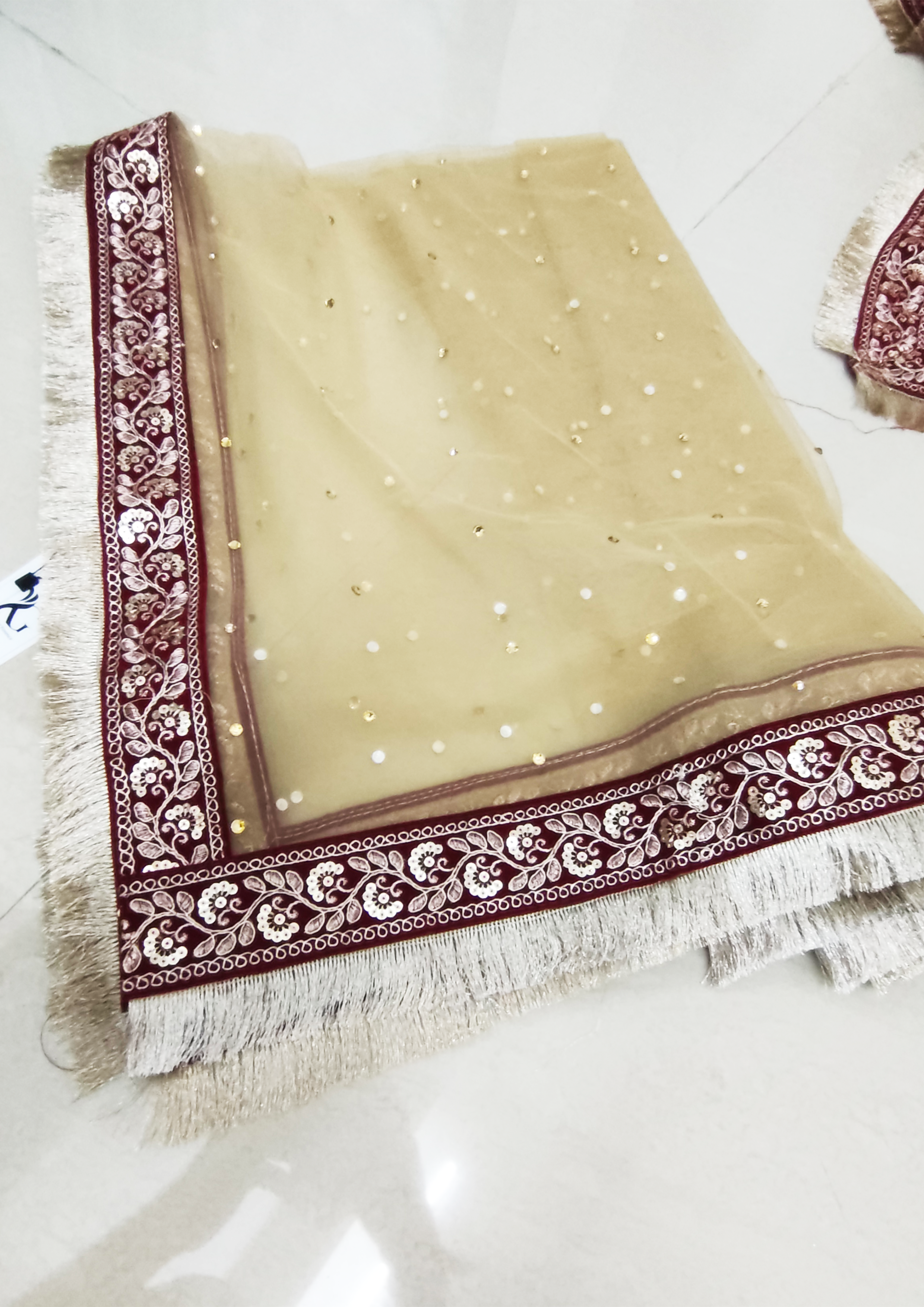 Golden Net Bridal Dupatta - Heavy Lace Work with Stone Embellishments