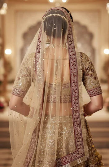 Golden Net Bridal Dupatta - Heavy Lace Work with Stone Embellishments