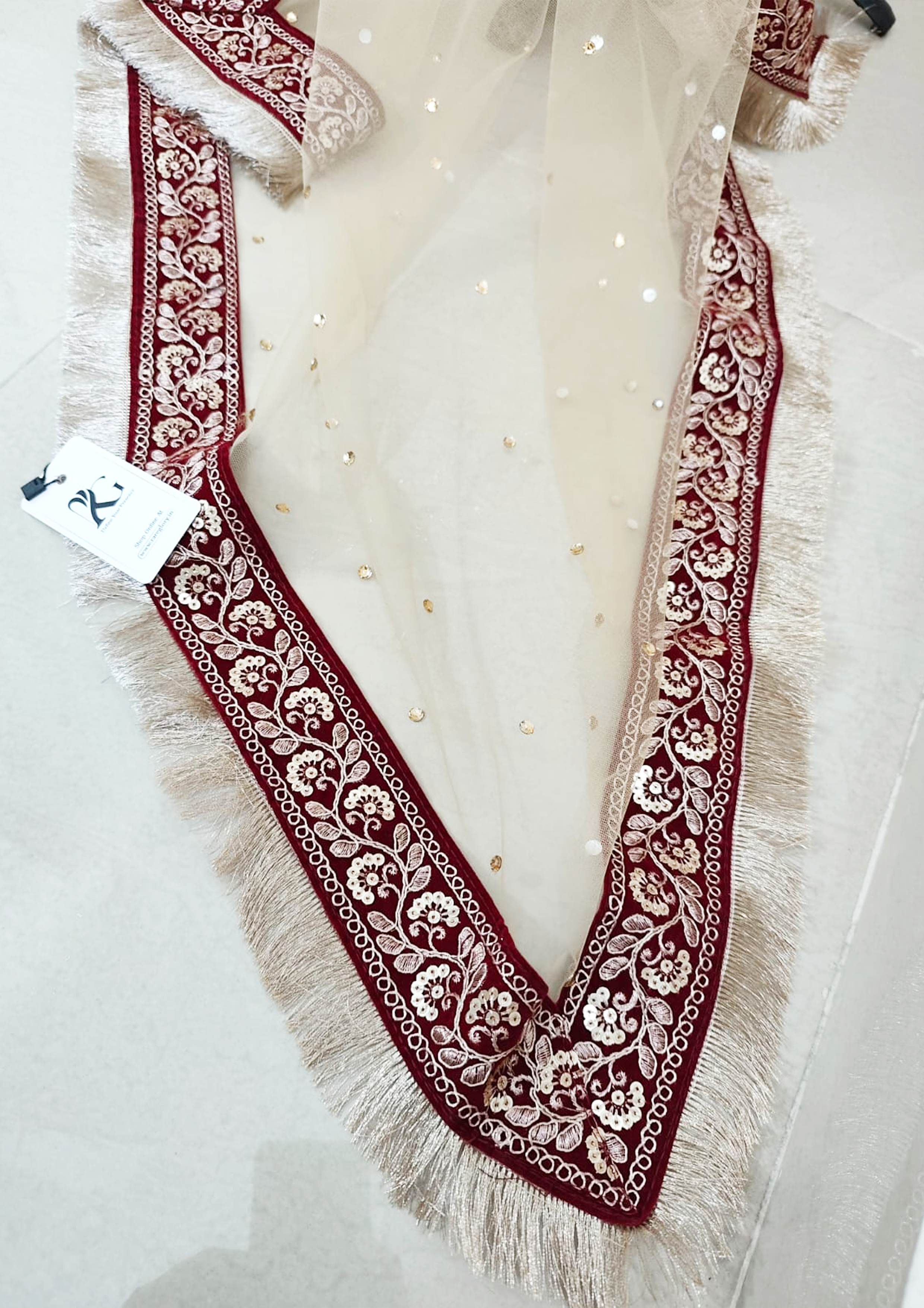 Golden Net Bridal Dupatta - Heavy Lace Work with Stone Embellishments