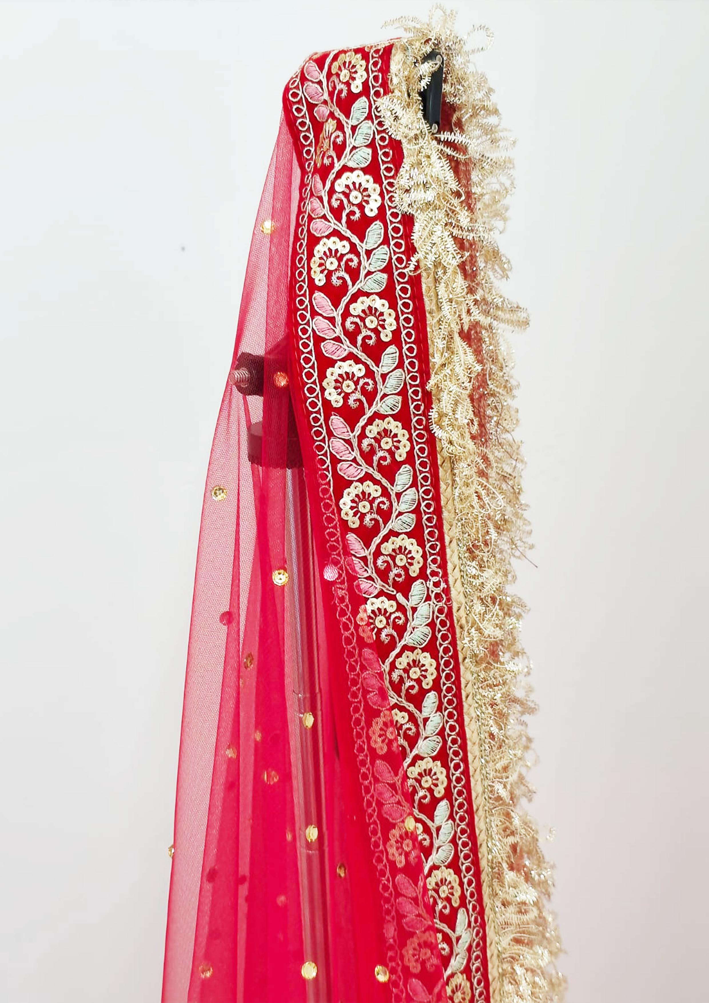 Red Bridal Dupatta - Net Fabric with Stone Work & Golden Red Lace