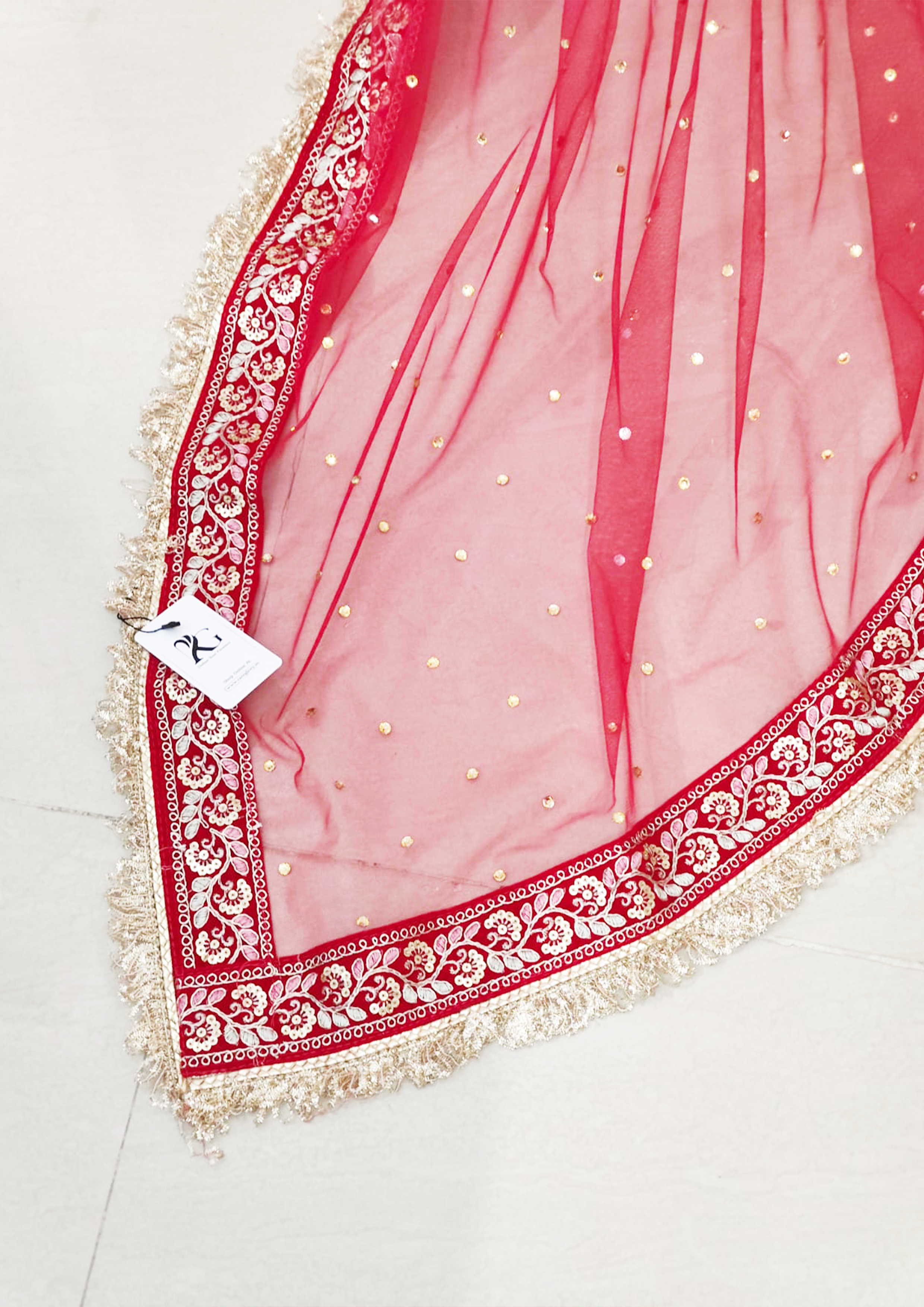 Red Bridal Dupatta - Net Fabric with Stone Work & Golden Red Lace