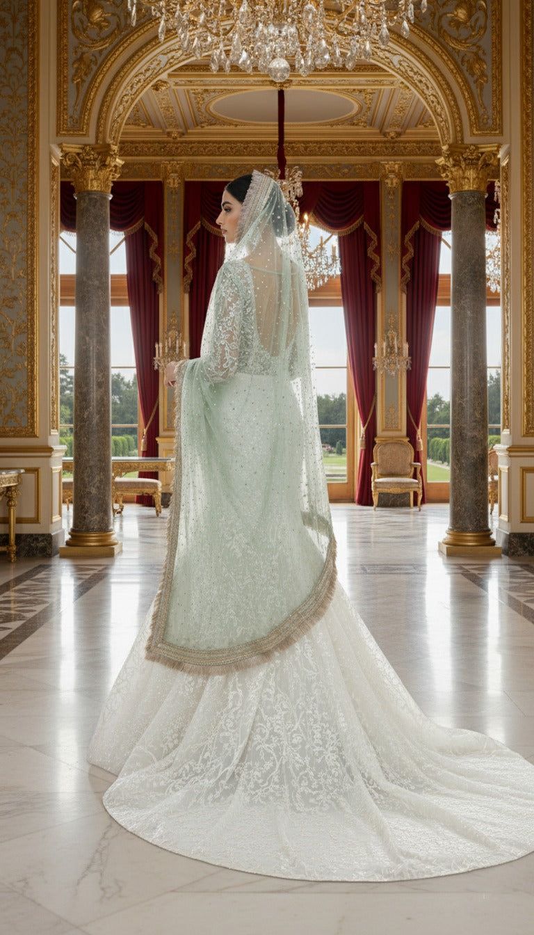 Mint Green Bridal Dupatta - Net Fabric with Stone Work
