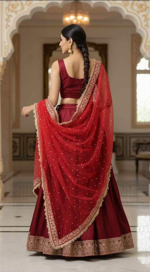Red Bridal Dupatta - Net Fabric with Stone Work & Golden Red Lace